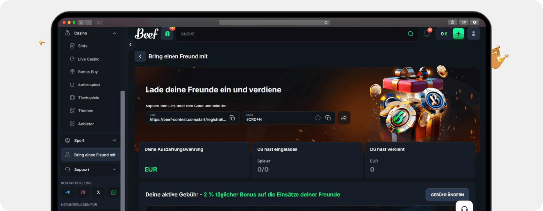 Screenshot Freunde werben bei Beef Casino für 100 Euro Casino Bonus und mehr