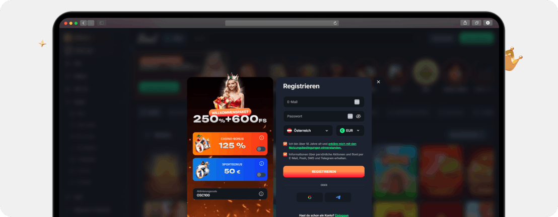 Beef Casino Registrierung mit OSC100 für den Bonus ohne Einzahlung in Österreich