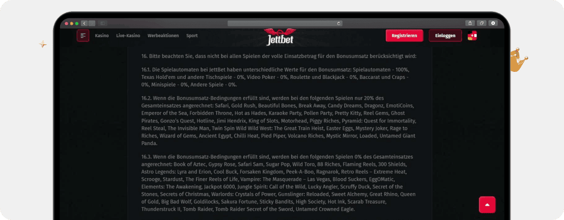 Screenshot Bonusbedingungen bei Jettbet mit dem Abschnitt zu eingeschränkten Spielen für den 200% Casino Bonus