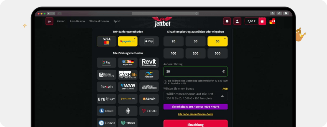 Screenshot Kassenbereich bei Jettbet mit ausgewähltem 200% Casino Bonus bis 1.000 für unsere erste Einzahlung im Echtgeldtest