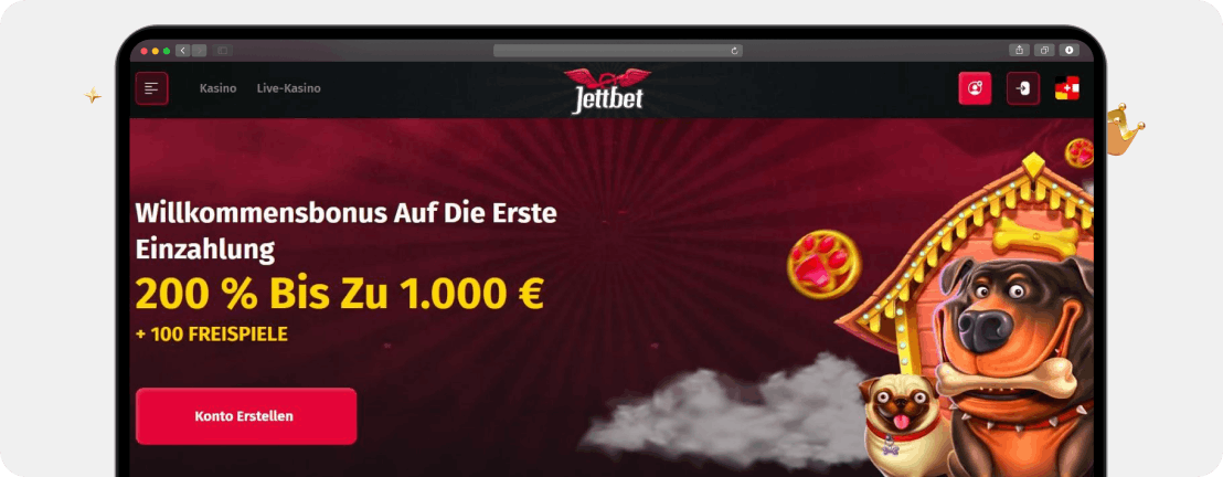 Screenshot Ersteinzahlungsbonus bei Jettbet mit bis zu 1.000 Euro Guthaben plus 100 Freispielen als Beispiel für die Funktion eines 200% Casino Bonus
