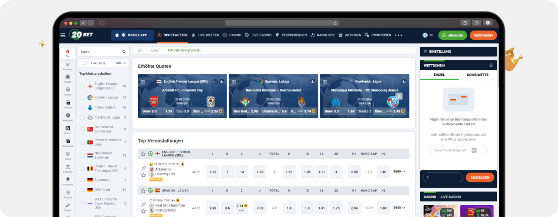 20Bet Sportwetten ohne LUGAS mit erhöhten Quoten zur Premier League