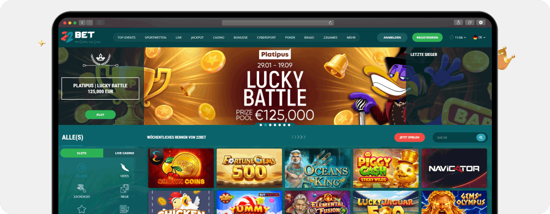 22Bet Casino Startseite mit Turnierbereich und 125.000 Euro Prizepool im Casino ohne deutsche Lizenz