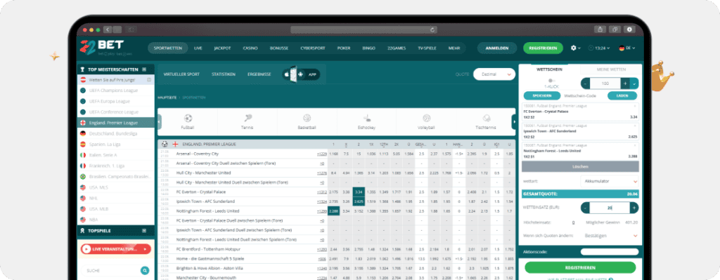 Sportwetten ohne LUGAS bei 22Bet mit Premier-League-Quoten und Wettschein