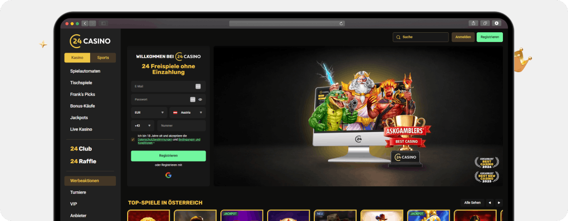 24Casino Spiellobby auf mobilen Geräten mit Top-Slots und Jackpot-Spielen im Casino ohne deutsche Lizenz