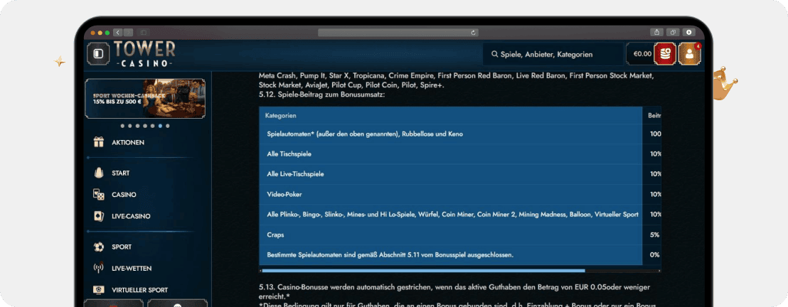 Screenshot Umsatzbedingungen mit Spielbeitrag im Tower Casino für den 250% Casino Bonus