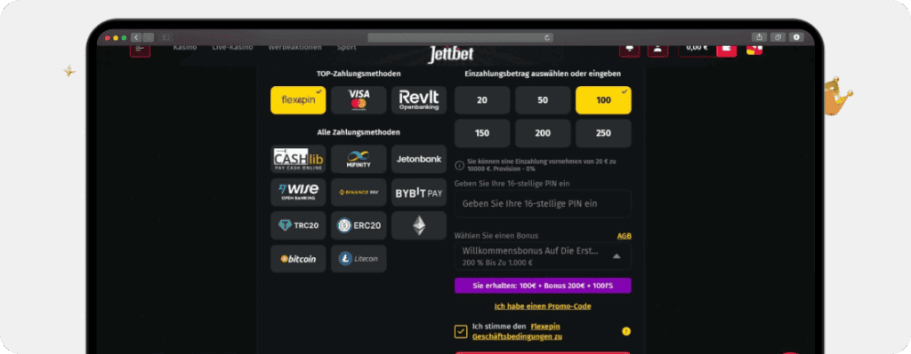 Jettbet Zahlungsmethoden Screenshot
