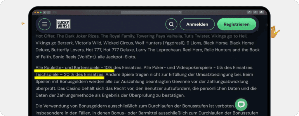 LuckyWins Bonus Bedingungen Screenshot