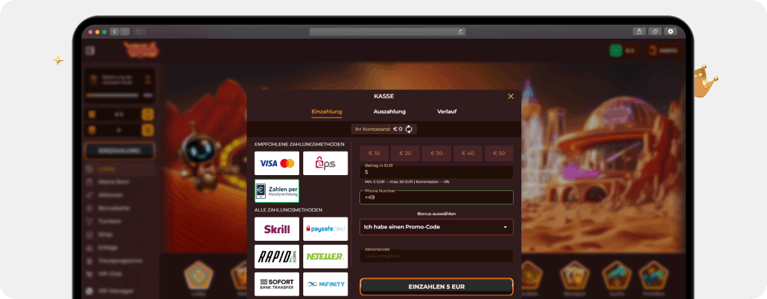 Vegazone Casino Kasse mit 5 Euro Mindesteinzahlung und CashLib Zahlungsoption
