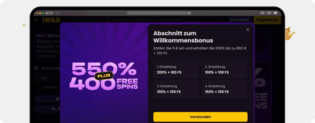 Screenshot Willkommensbonus von iWild mit 200 % auf die erste Einzahlung bei nur 9 Euro Mindesteinzahlung als gute Alternative zum 5 Euro Casino Bonus