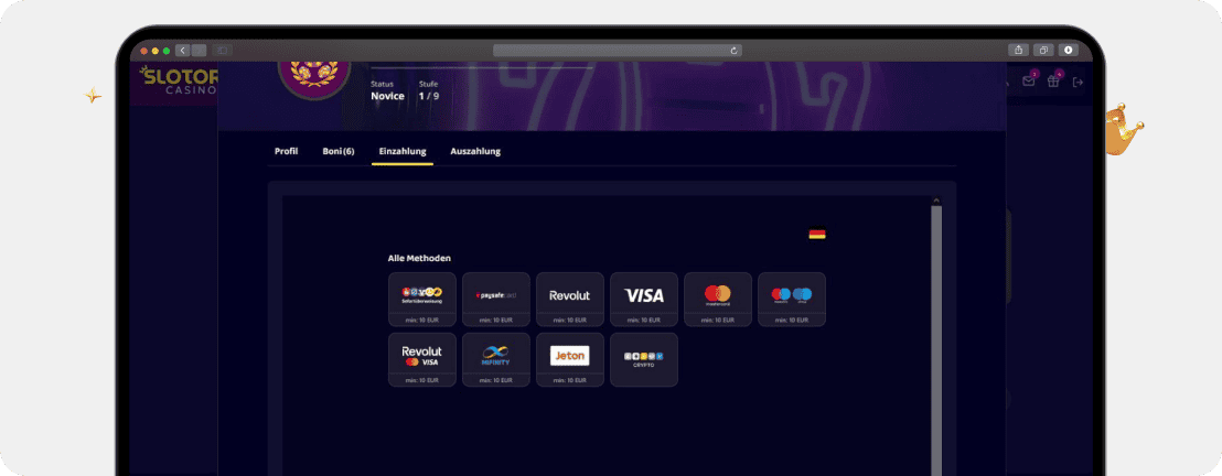 Screenshot Kasse von Slotoro mit beliebten Methoden wie Paysafecard und MiFinity bei kleiner Mindesteinzahlung, ideal für einen 5 Euro Casino Bonus