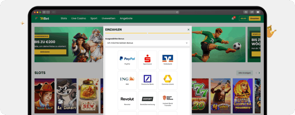 7Abet Casino Einzahlungsdialog mit PayPal, Sparkasse und Revolut als Zahlungsmethoden