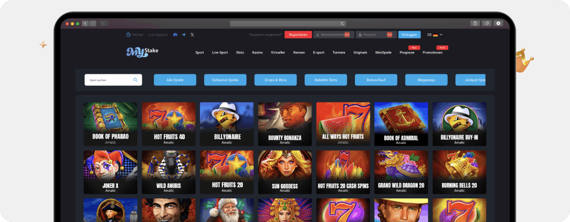 MyStake Casino Spielhalle mit Amatic Slots wie Book of Pharao, Billyonaire und Wild Anubis