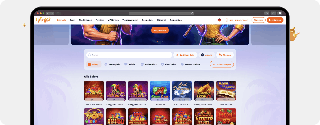Vulkan Vegas Casino Spielhalle mit Amatic Slots wie Hot Fruits Deluxe und Book of Aztec
