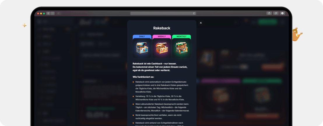 BEEF Casino Rakeback mit täglicher wöchentlicher und monatlicher Kiste
