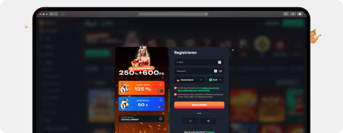 BEEF Casino Registrierung mit Aktivierungscode OSCHALLOWEEN im Formular