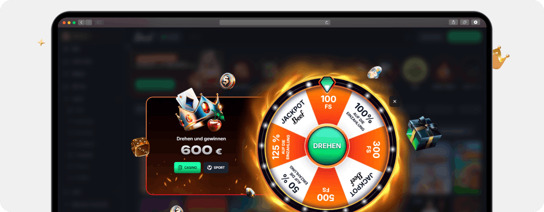 BEEF Casino Glücksrad mit 100 Freispielen und Einzahlungsboni