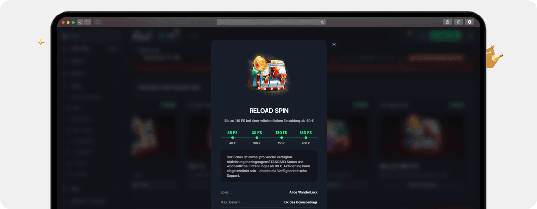 BEEF Casino Reload Spin Bonus mit bis zu 180 Freispielen