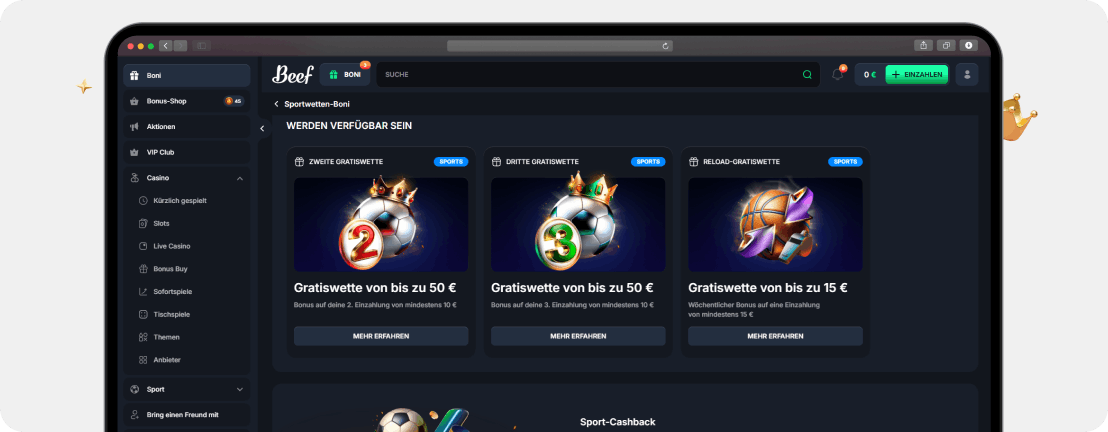 BEEF Casino Sportwetten Bonus mit Gratiswette bis 50 Euro