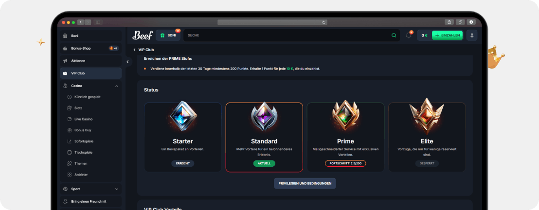 BEEF Casino VIP Club mit vier Statusstufen von Starter bis Elite