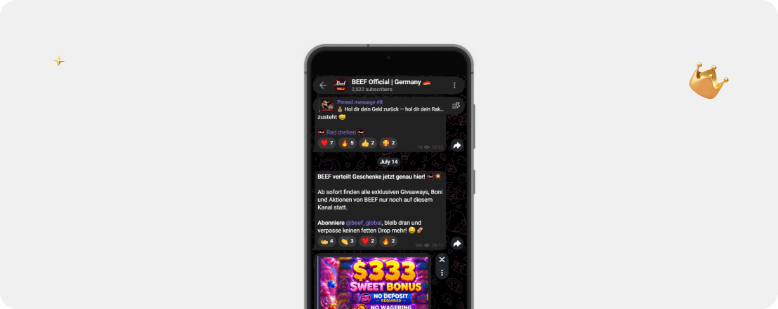 BEEF Casino Telegram Kanal mit No Deposit Aktion