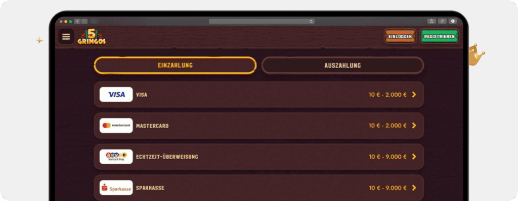 Screenshots der Einzahlungslimits in einem der besten Online Casinos für kleine Mindesteinzahlung 5Gringos