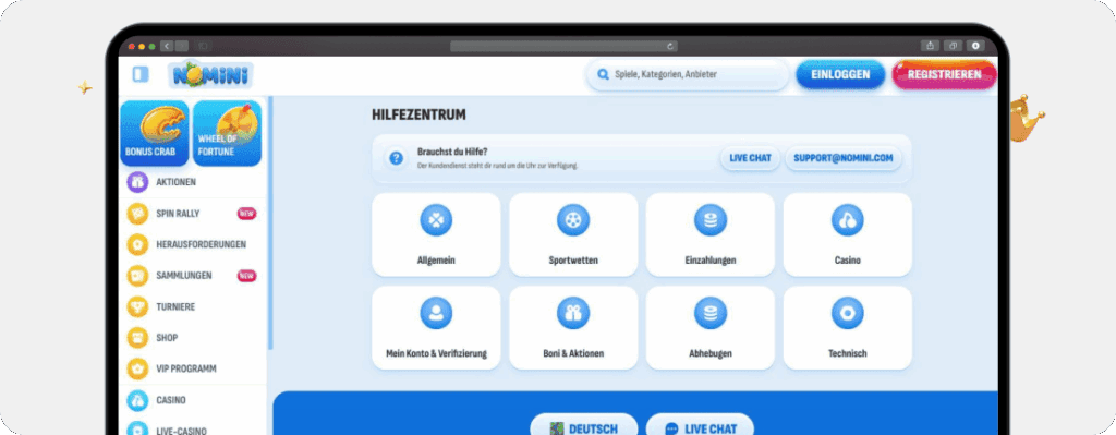 Screenshot des Hilfezentrums eines der besten Online Casinos mit gutem Support Nomini