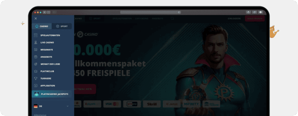 Screenshot Menü und Navigation bei einem der besten Online Casinos mit guter Nutzerführung Platincasino