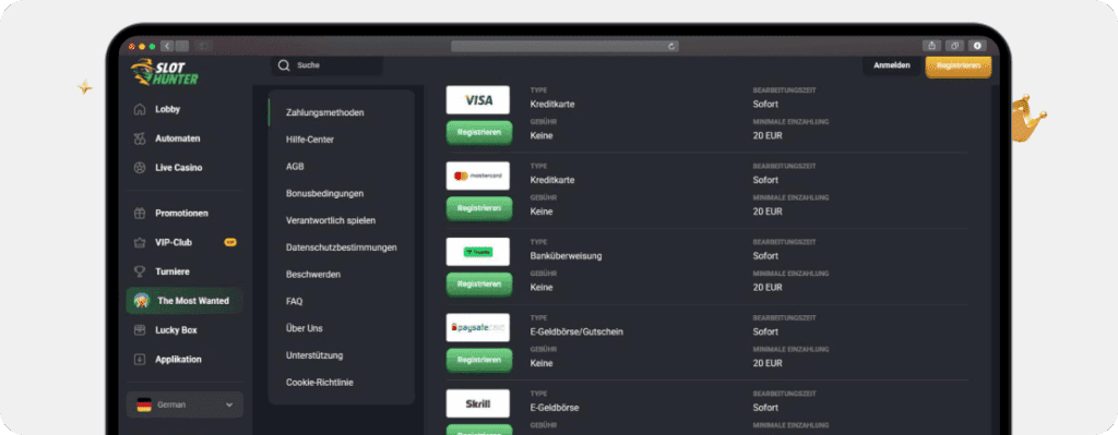 Screenshot der Zahlungsmethoden eines der besten Online Casinos für sichere Ein- und Auszahlungen Slothunter