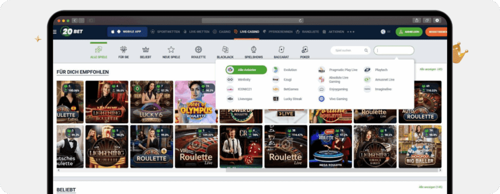 Screenshot 20Bet Live Casino für gute Unterhaltung in den Spielpausen der WM 2026