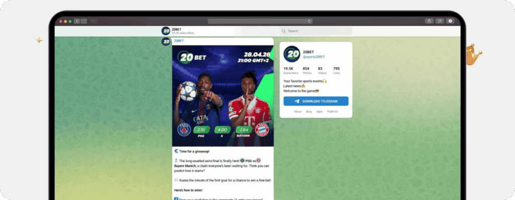 Screenshot Telegram Channel von 20Bet als eines der besten Casinos zur WM 2026 mit exklusiven Boni