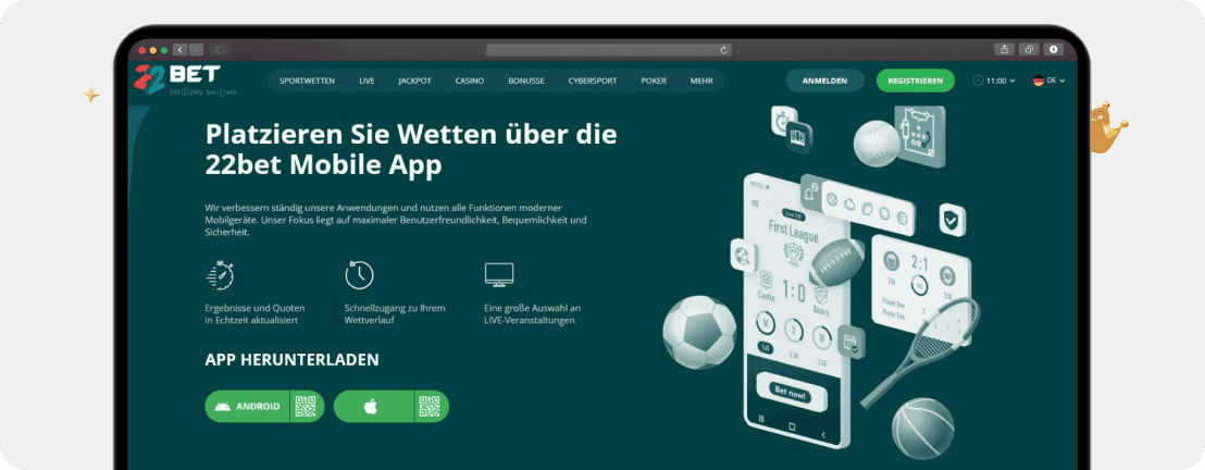 Screenshot App-Angebot im 22Bet Casino mit einer Download-Möglichkeit für iOS und einer für Android als wichtiges Qualitätsmerkmal für beste Online Casinos