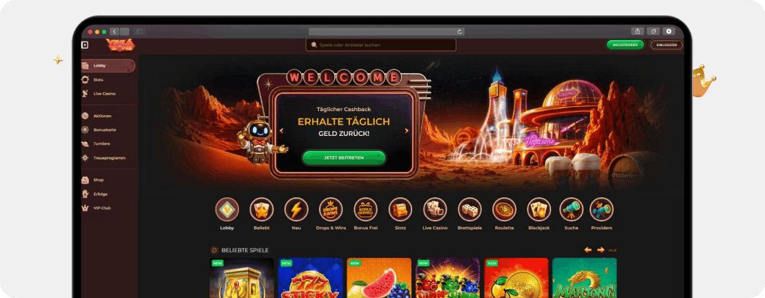 Screenshot nutzerfreundliche, übersichtliche Oberfläche von Vegazone, wie es sich für eines der besten Online Casinos gehört