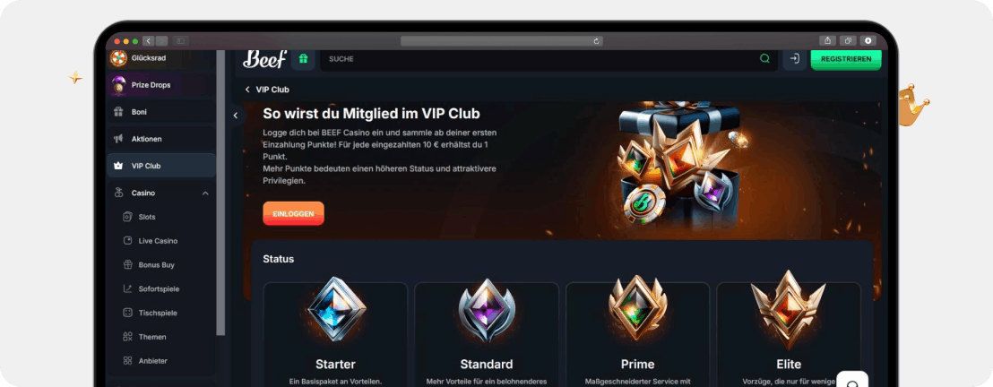 Screenshot VIP-Programm vom Beef Casino als Beispiel für ein levelbasiertes System, das beste Online Casinos für Deutschland gerne nutzen