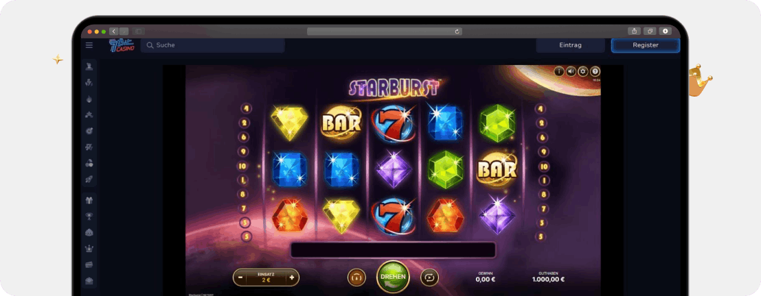 Screenshot Slot Starburst von NetEnt bei 7Bit, einer der besten RTP Slots mit großer Popularität