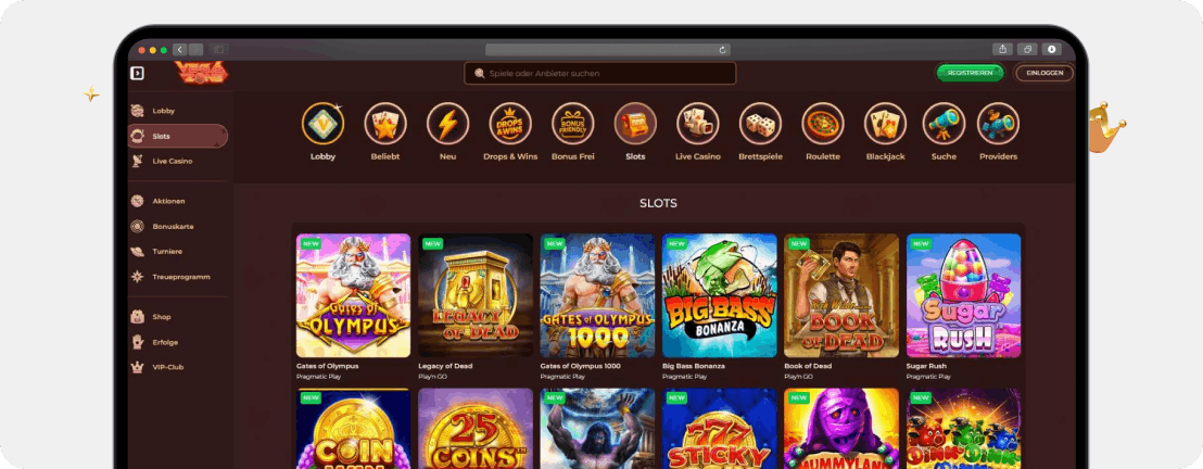 Screenshot Spieleauswahl bei Vegazone mit einigen der besten RTP Slots überhaupt