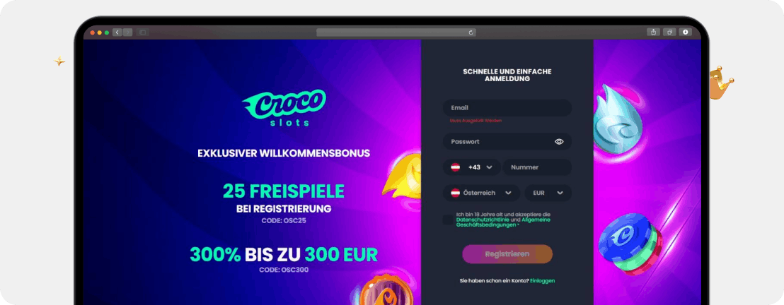 Screenshot Exklusiv-Deal für Neukunden bei Crocoslots mit 300 Prozent bis zu 300 Euro plus 25 Freispielen ohne Einzahlung als eine der Top-Optionen für den besten Casino Bonus aktuell