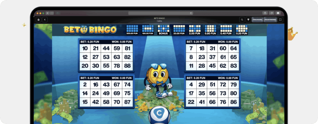Beto Bingo von Caleta mit vier Wettscheinen, Gewinnmustern und RTP 95,16 % im Spiel
