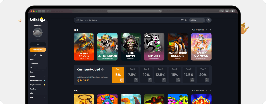 Bitkingz Casino Spiellobby mit Cashback-Jagd-Promotion und bis zu 20 Prozent täglichem Cashback im Casino ohne deutsche Lizenz