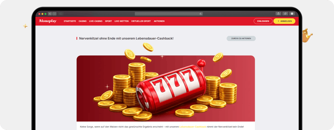 MonoPlay Aktionsseite für 5 % Lebensdauer-Cashback ohne Umsatzbedingung
