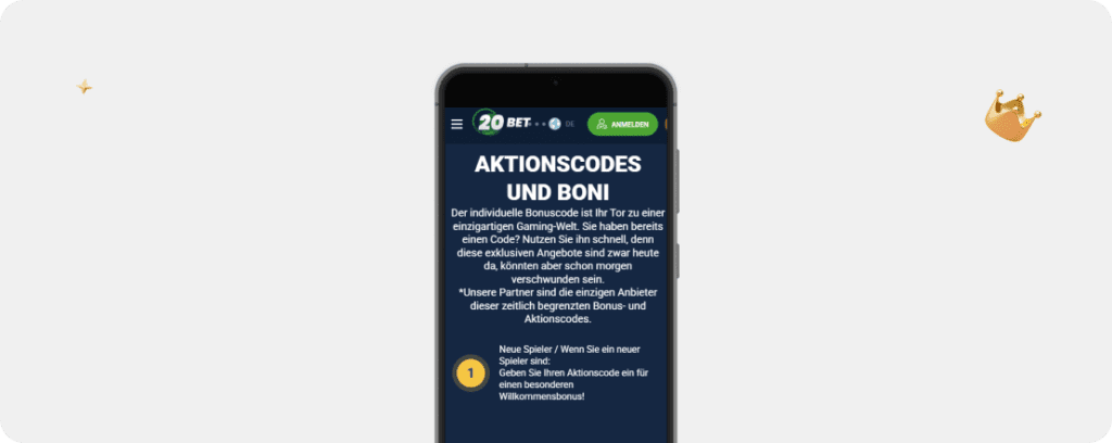 Aktionscodes und Boni Seite von 20Bet Casino mit Schritt-für-Schritt-Anleitung zur Bonuscode-Eingabe