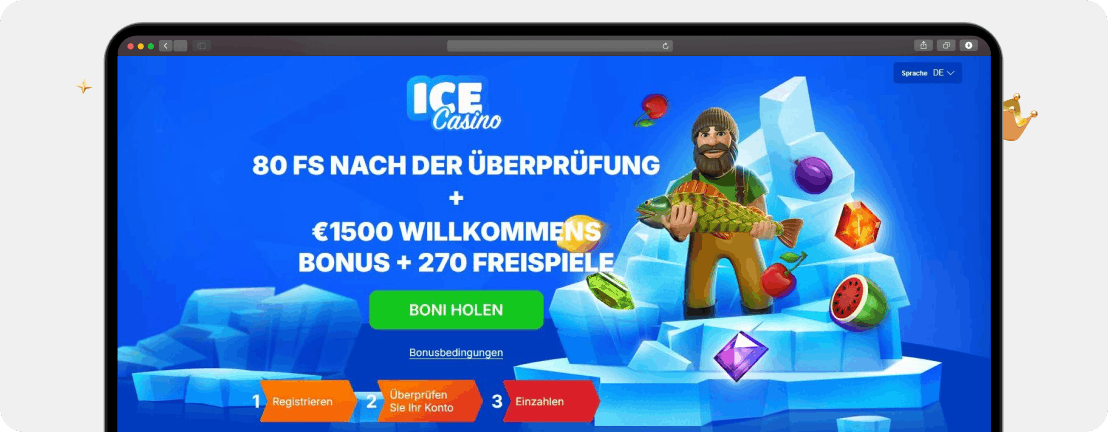 Screenshot Aktionsseite für den exklusiven Casino Bonus Code ohne Einzahlung vom Ice Casino als erster Schritt der Aktivierung des No Deposit Bonus