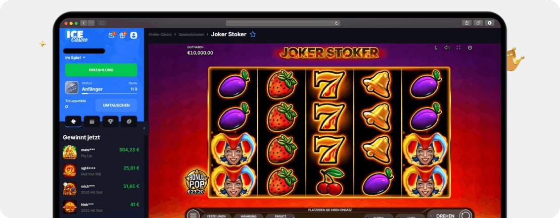 Screenshot Slot Joker Stoker für die Freispiele des exklusiven Casino Bonus Codes ohne Einzahlung vom Ice Casino als fünfter Schritt der Aktivierung
