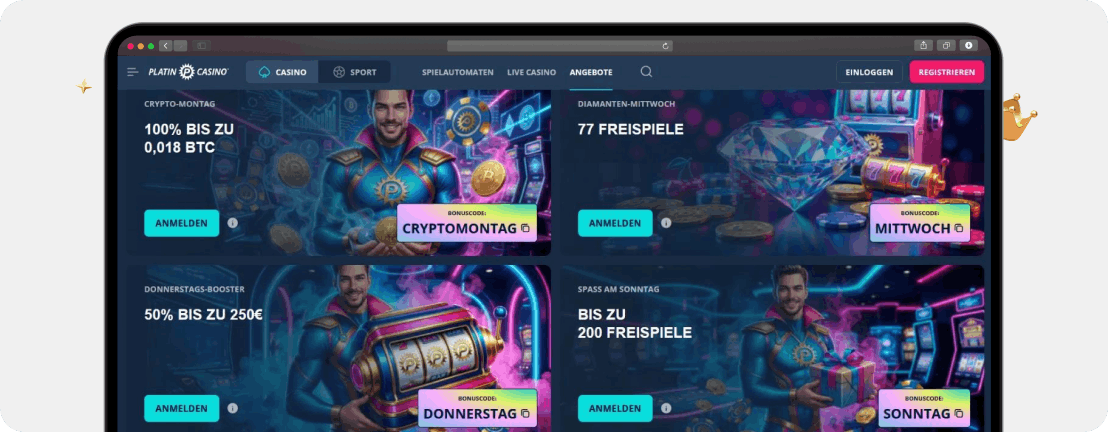 Screenshot aktuelle Angebote für Reloads mit Casino Bonus Codes für Bestandskunden von Platincasino