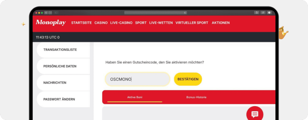 Screenshot Eingabefeld für Casino Bonus Codes bei MonoPlay mit Code für das exklusive Willkommenspaket von OSC
