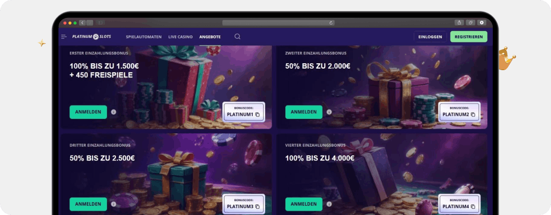 Screenshot Neukundenbonus von PlatinumSlots mit aktuellen Casino Bonus Codes beim Anbieter
