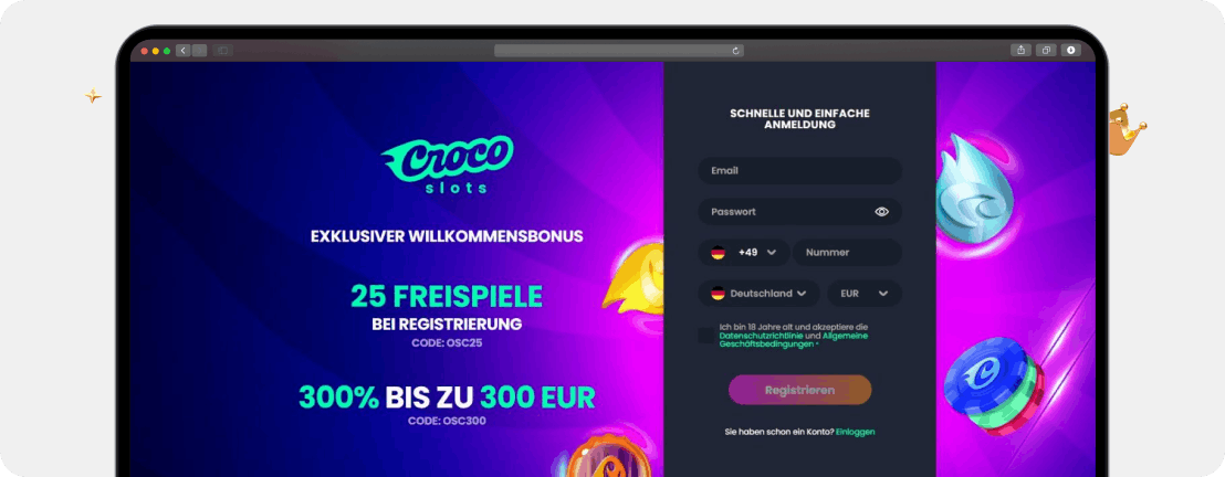 Screenshot Bonus ohne Einzahlung für Neukunden mit exklusivem Casino Bonus Code bei Crocoslots