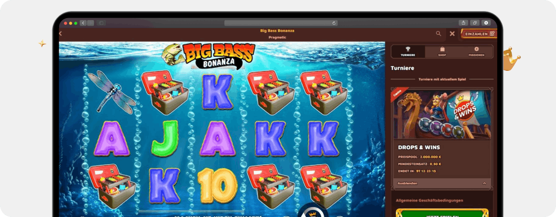 Screenshot Big Bass Bonanza bei Vikingluck als Beispiel für einen weit verbreiteten Slot beim No Deposit Bonus