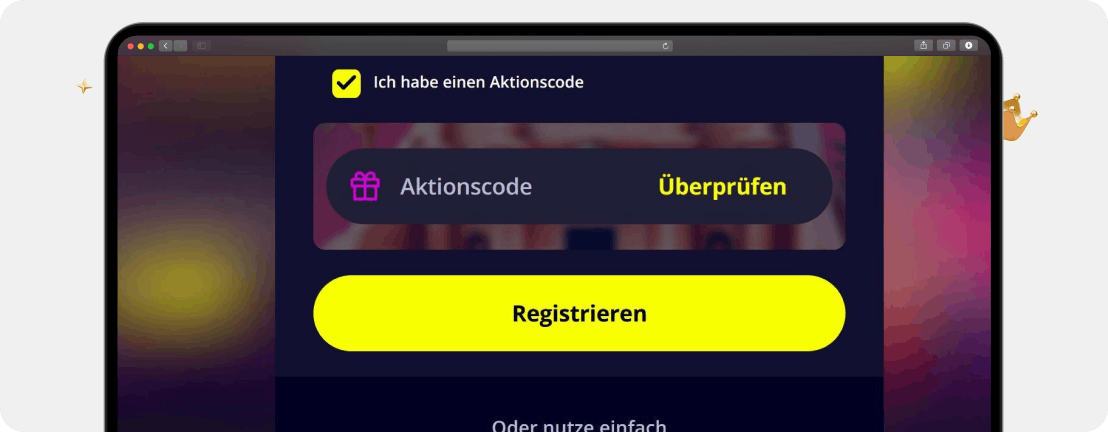 Screenshot Feld für den Aktionscode bei der Registrierung, um den Online Casino No Deposit Bonus von Slotoro zu aktivieren