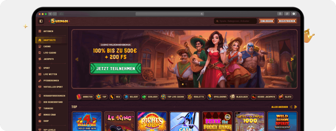 5Gringos Casino Hauptmenü mit Spielkategorien, Missionen und Live-Casino-Navigation
